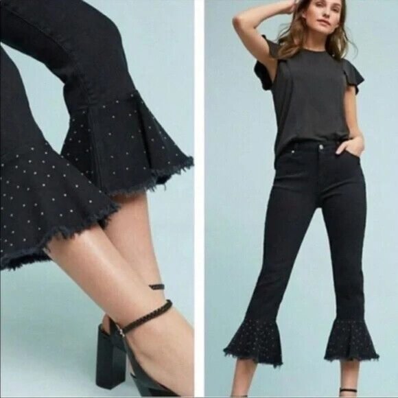 Pilcro and the Letterpress Denim - Pilcro & The Letterpress Women's Black Studded Flared Hem Cropped Jeans Size 26